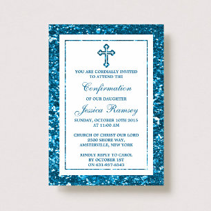 Invitation Parties scintillant Bleue Croix Sainte Communion O