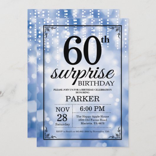 Invitation Parties scintillant bleue de l'invitation surprise (Devant / Derrière)