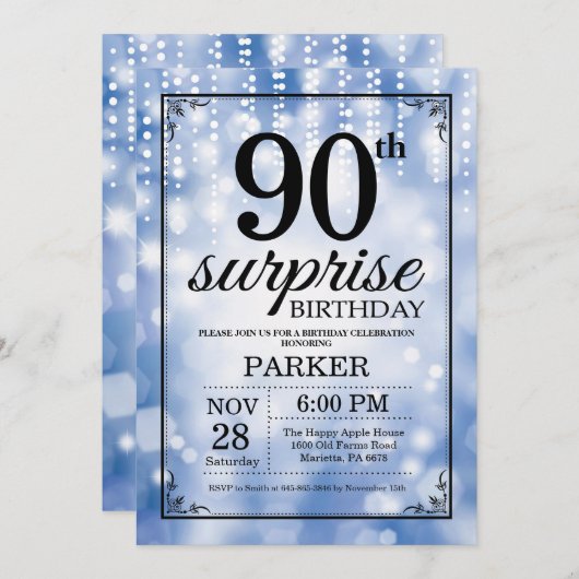 Invitation Parties scintillant bleue de l'invitation surprise (Devant / Derrière)