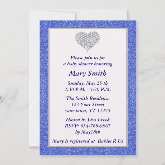 Invitation Parties scintillant Bleue Diamond Coeur Baby showe (Dos)