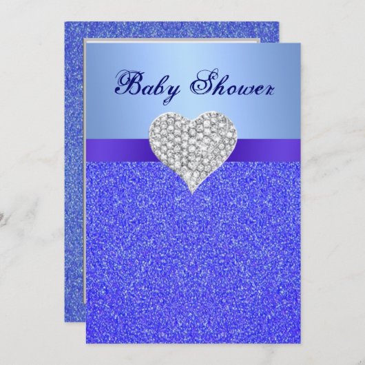 Invitation Parties scintillant Bleue Diamond Coeur Baby showe (Devant / Derrière)