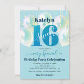 Invitation Parties scintillant Bleue Douce 16 Ballons d'anniv (Devant)