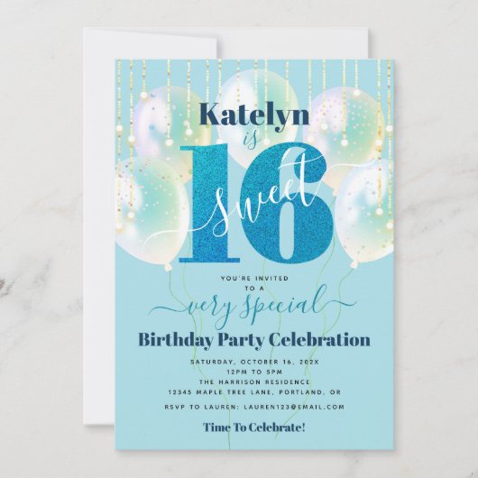 Invitation Parties scintillant Bleue Douce 16 Ballons d'anniv (Devant)