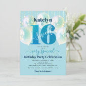 Invitation Parties scintillant Bleue Douce 16 Ballons d'anniv (Debout devant)