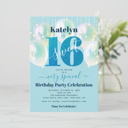 Invitation Parties scintillant Bleue Douce 16 Ballons d'anniv (Debout devant)