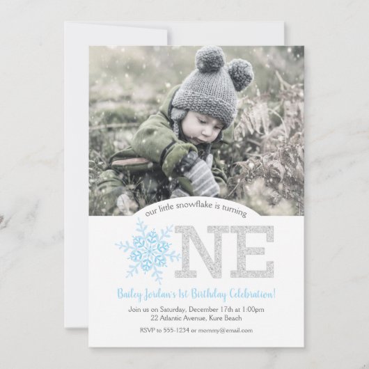 Invitation Parties scintillant Bleue et argent Snowflake 1er  (Devant)