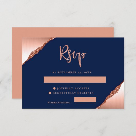Invitation Parties scintillant bleue et corail mariage RSVP C (Devant / Derrière)