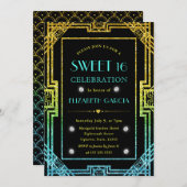 Invitation Parties scintillant bleue et jaune Art Déco Cadre (Devant / Derrière)