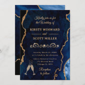 Invitation Parties scintillant bleue et or Agate et Mariage e (Devant / Derrière)