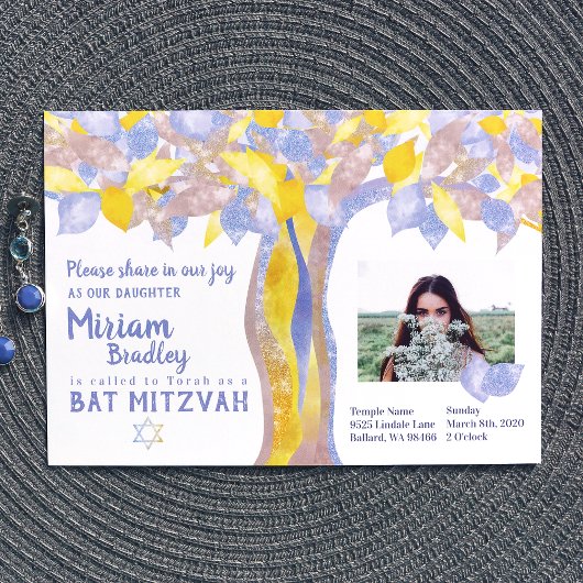 Invitation Parties scintillant bleue et or Arbre de vie Bat m
