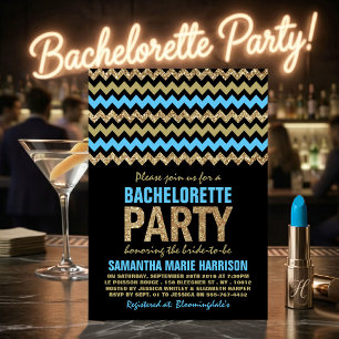Invitation Parties scintillant bleue et or Chevron Bacheloret