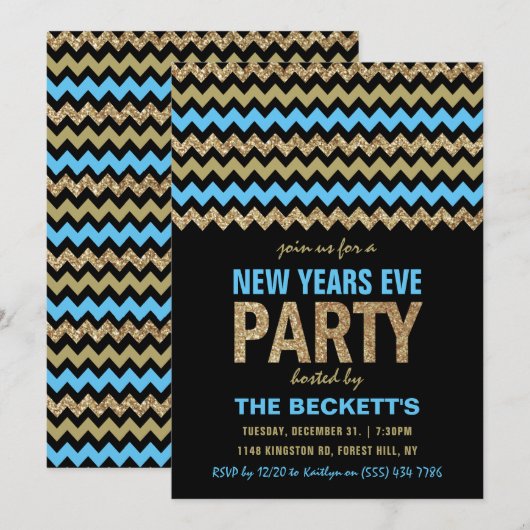 Invitation Parties scintillant bleue et or Chevron New Years  (Devant / Derrière)