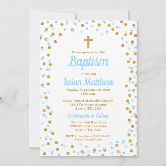 Invitation Parties scintillant bleue et or Confetti Baptême I (Devant)