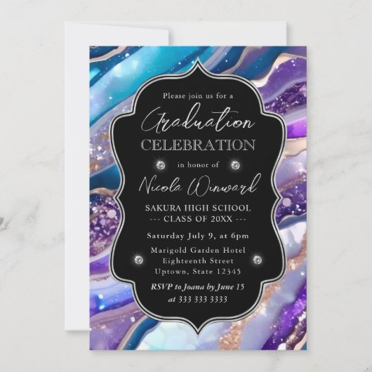 Invitation Parties scintillant bleue et violet marbre Agate G (Devant)