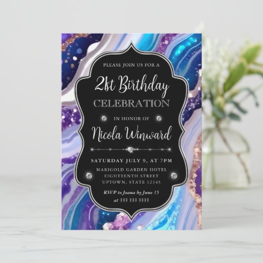 Invitation Parties scintillant bleue et violette Marbre Agate (Debout devant)