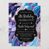 Invitation Parties scintillant bleue et violette Marbre Agate (Devant / Derrière)