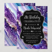 Invitation Parties scintillant bleue et violette Marbre Agate (Devant / Derrière)