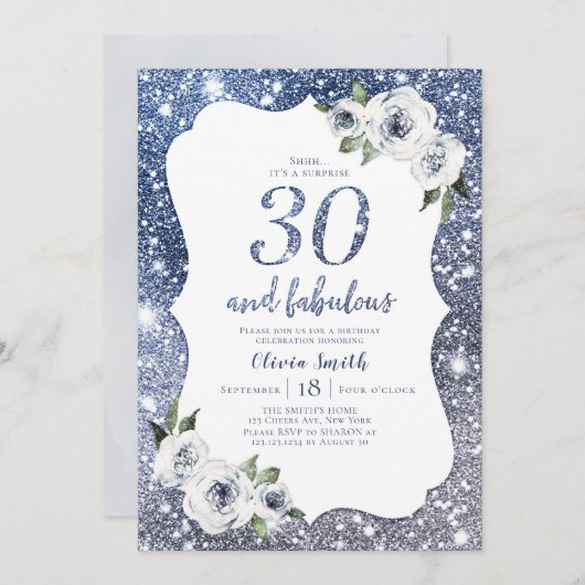 Invitation Parties scintillant bleue étincelante et 30e anniv (Devant / Derrière)