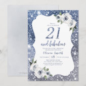 Invitation Parties scintillant bleue étincelante et fleurie 2 (Devant / Derrière)
