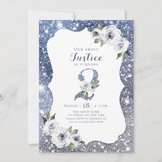 Invitation Parties scintillant bleue étincelante et fleurie 2 (Devant)