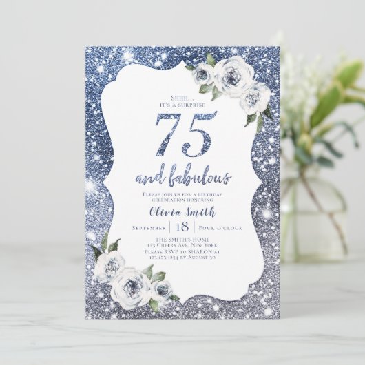 Invitation Parties scintillant bleue étincelante et fleurie 7 (Debout devant)