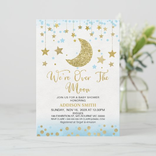 Invitation Parties scintillant Bleue Faux Or Sur Le Baby show (Debout devant)