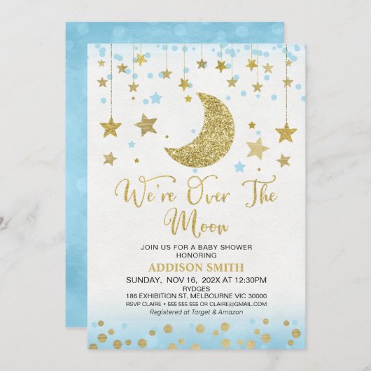 Invitation Parties scintillant Bleue Faux Or Sur Le Baby show (Devant / Derrière)