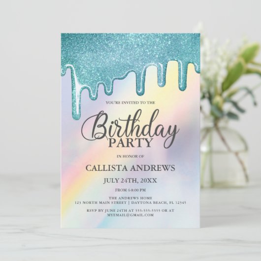 Invitation Parties scintillant bleue gouttes arc-en-ciel Holo (Debout devant)