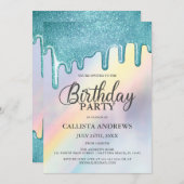 Invitation Parties scintillant bleue gouttes arc-en-ciel Holo (Devant / Derrière)