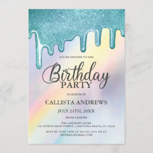 Invitation Parties scintillant bleue gouttes arc-en-ciel Holo