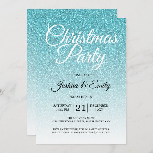 Invitation Parties scintillant Bleue Luxueuse Fête de Noël Om (Devant / Derrière)