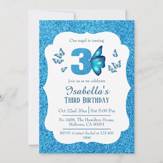 Invitation Parties scintillant bleue mignon brillant 3e anniv (Devant)