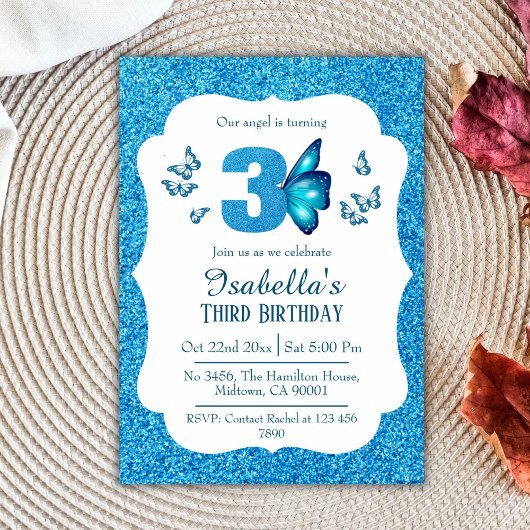 Invitation Parties scintillant bleue mignon brillant 3e anniv
