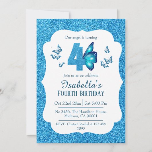 Invitation Parties scintillant bleue mignon brillant 4e anniv (Devant)