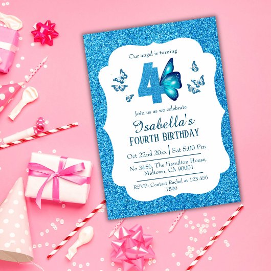 Invitation Parties scintillant bleue mignon brillant 4e anniv