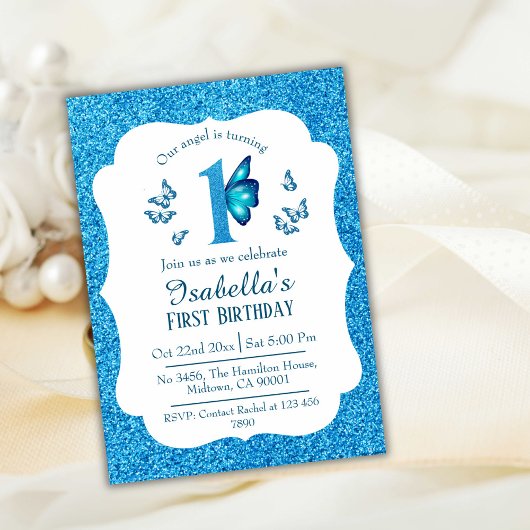 Invitation Parties scintillant bleue mignon éclatant 1er anni