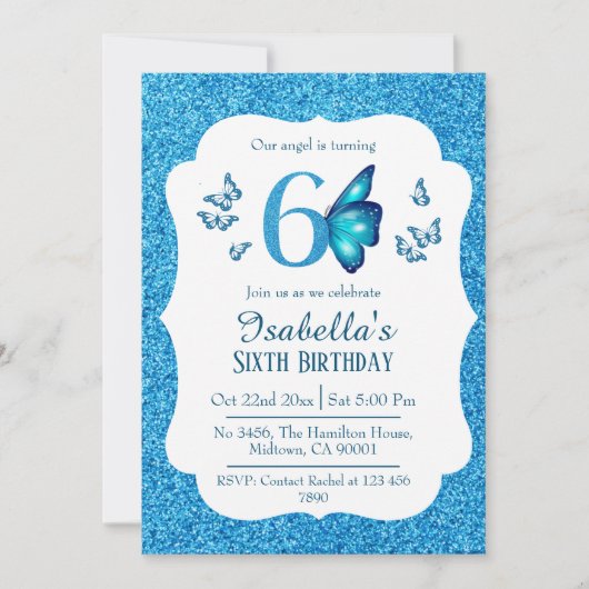 Invitation Parties scintillant bleue mignon pétillant 6e anni (Devant)