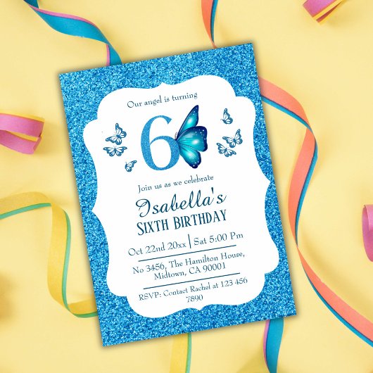 Invitation Parties scintillant bleue mignon pétillant 6e anni