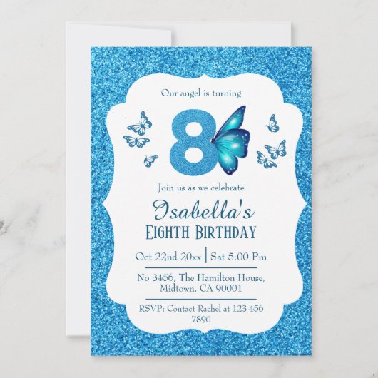 Invitation Parties scintillant bleue mignon pétillant 8e anni (Devant)