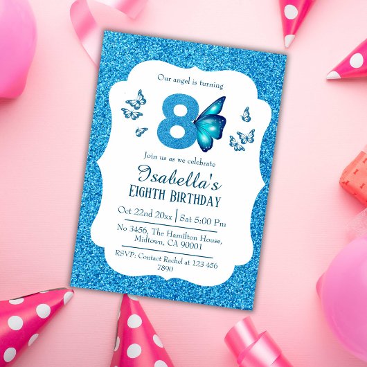 Invitation Parties scintillant bleue mignon pétillant 8e anni