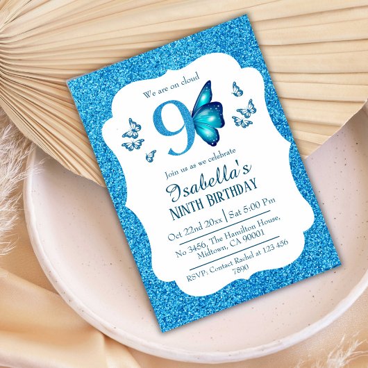 Invitation Parties scintillant bleue mignon pétillant 9e anni