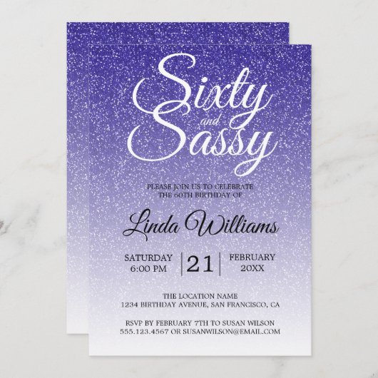Invitation Parties scintillant bleue Ombre 60 et Sassy 60e an (Devant / Derrière)