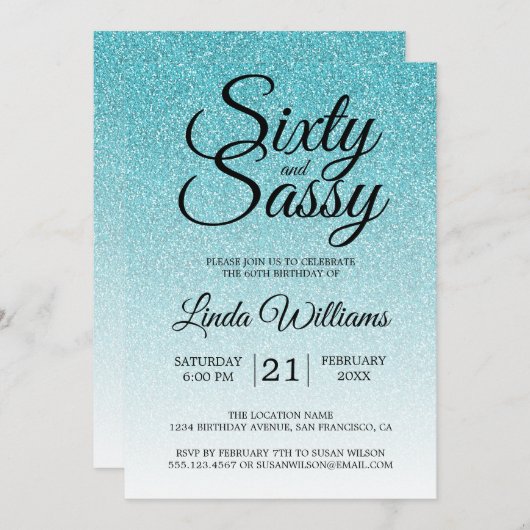 Invitation Parties scintillant bleue Ombre 60 et Sassy 60e an (Devant / Derrière)