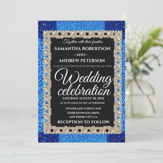 Invitation Parties scintillant bleue perles mousseuses mariag (Debout devant)