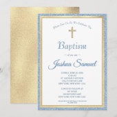 Invitation Parties scintillant Bleue Religieux Croix d'or Boy (Devant / Derrière)