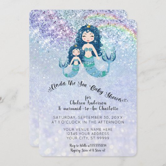 Invitation Parties scintillant bleue Sirènes sous la mer Baby (Devant / Derrière)