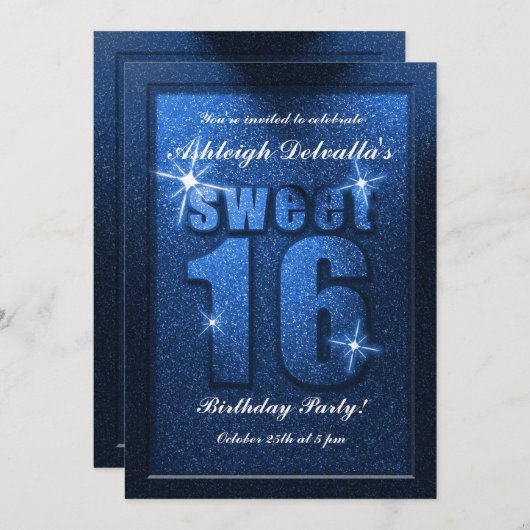 Invitation Parties scintillant bleue Sweet 16 Anniversaire In (Devant / Derrière)