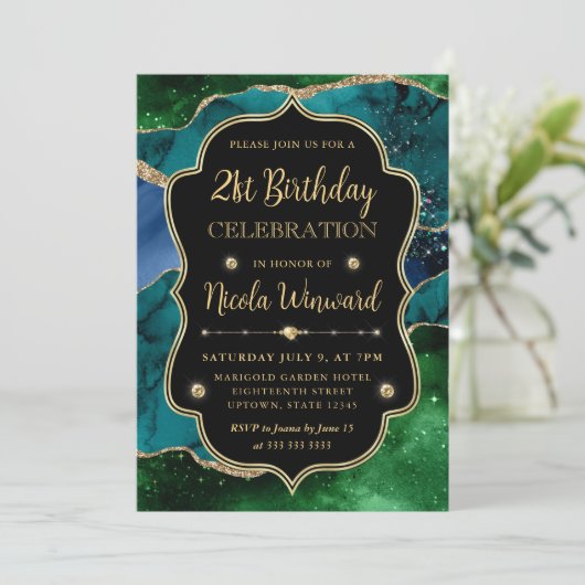 Invitation Parties scintillant bleue, verte et or Agate Frame (Debout devant)