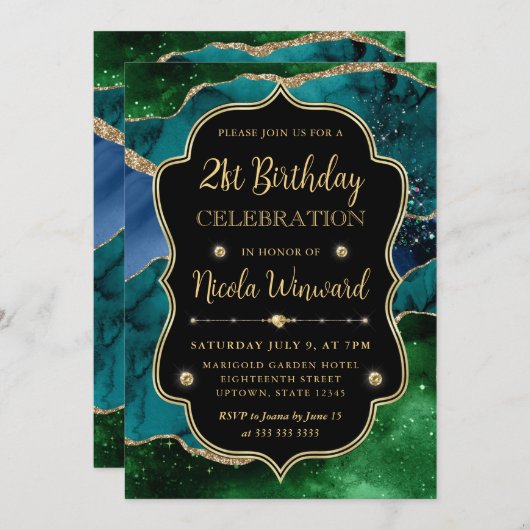Invitation Parties scintillant bleue, verte et or Agate Frame (Devant / Derrière)