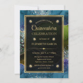 Invitation Parties scintillant bleue, verte et or Agate Quinc (Devant)
